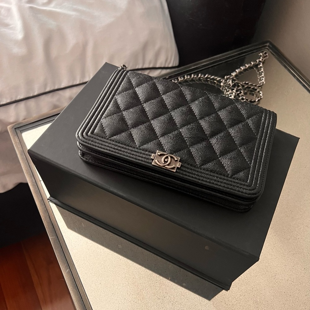Mint Chanel boy on chain wallet in black with gunmetal chain